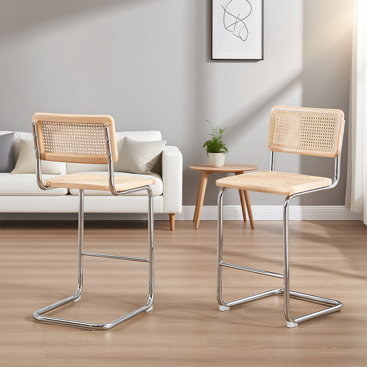 Midt århundre moderne Rattan Cantilever Counter Stool-Natural Cane Back & Seat with Chrome Metal Frame