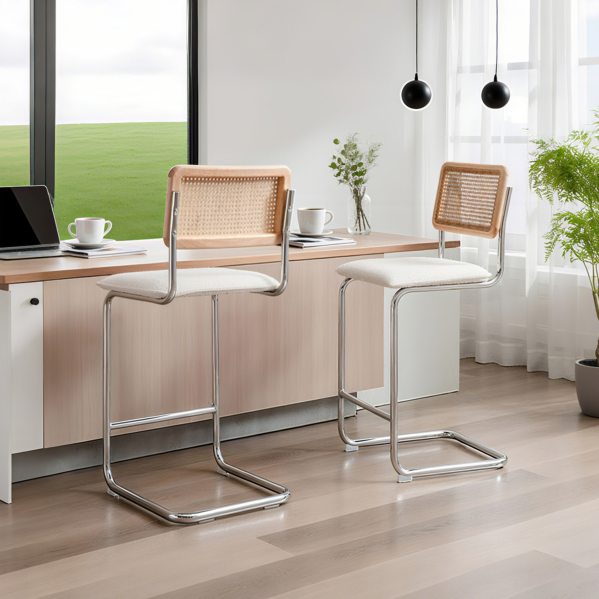 Rattan Back Boucle Bar Stool With Chrome Cantilever Base-Midt-århundret Modern Counter Height Chair