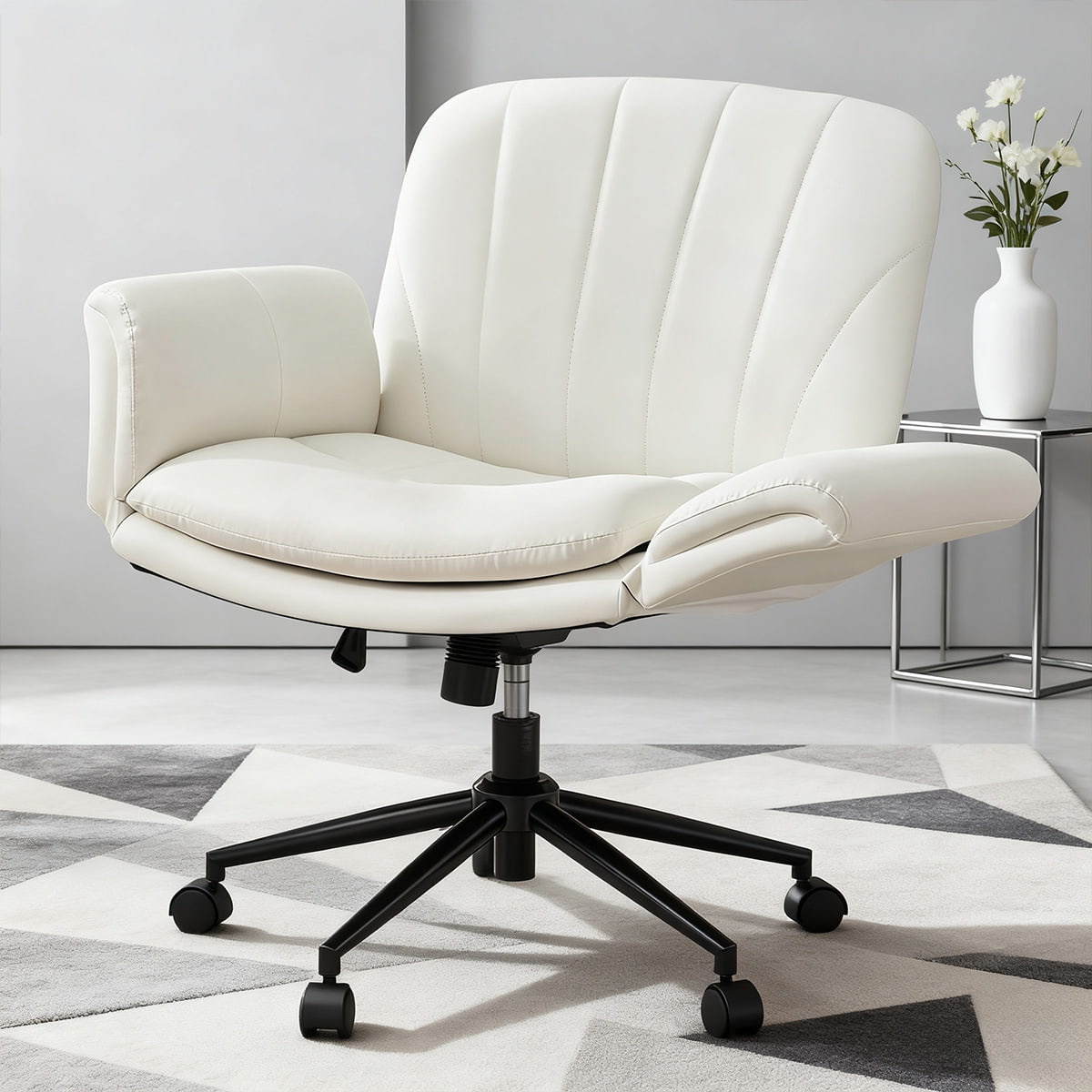 Criss Cross Justerbar PU Leather Swivel Chair med 5-girs armlener og hjul
