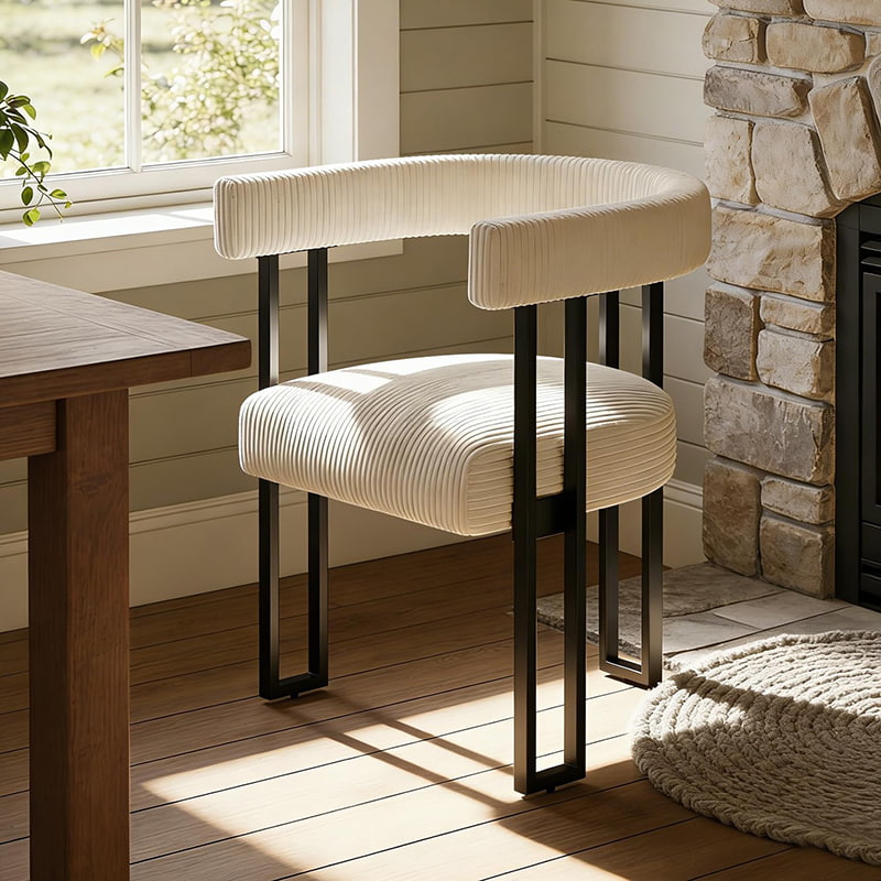 Boucle spisestuestol, hvit kordfløyel polstret spisestuestol med metallben, moderne aksentstol fra midten av århundret